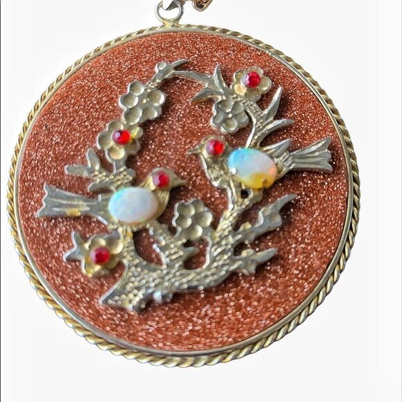 Rare vintage HOBE’ goldstone opal huge 2.25” pendant necklace faux sapphire ruby - Picture 10 of 16